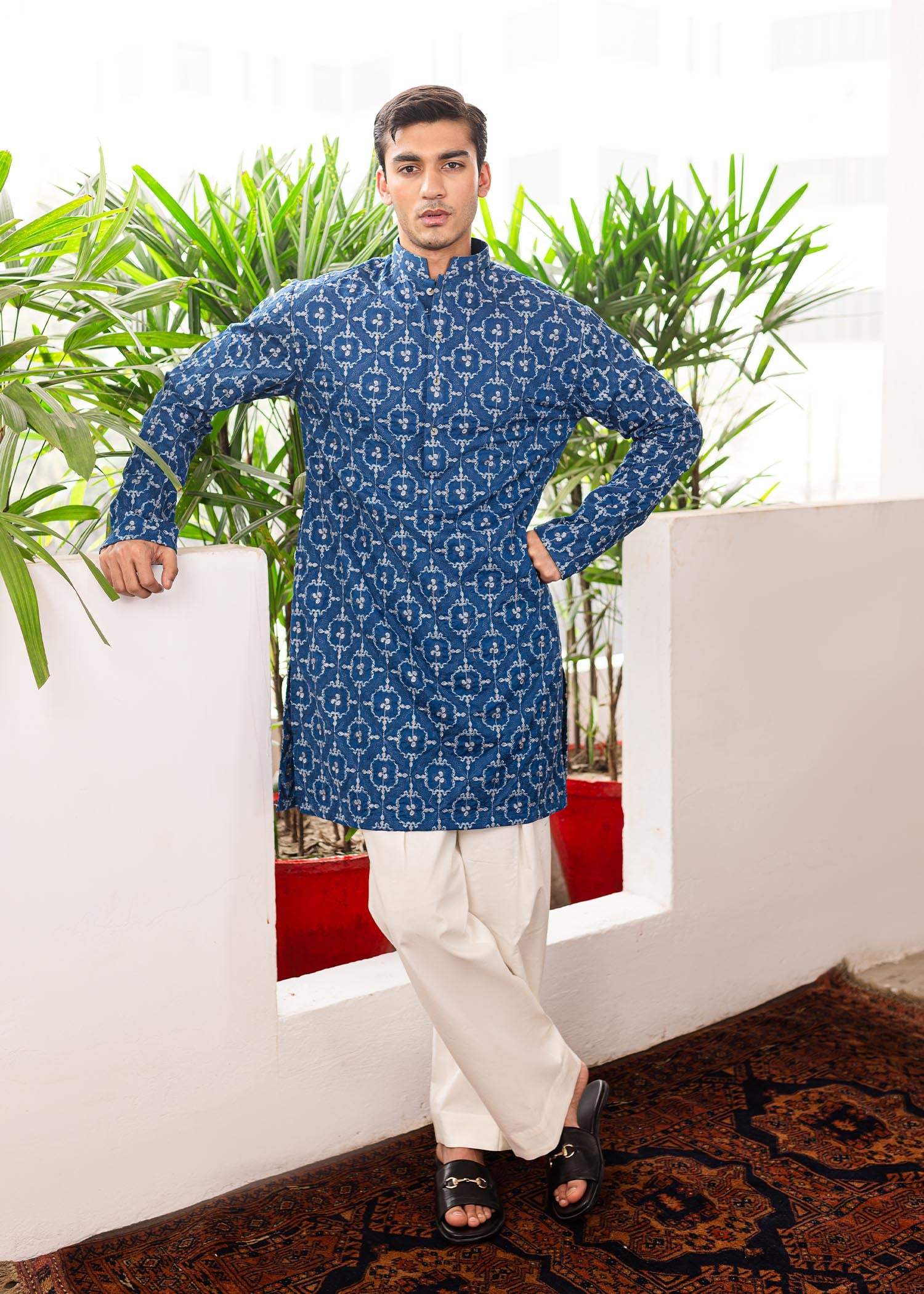 Navy Blue Turkish Embroidered Cotton Kurta (2-Piece) - Image 1