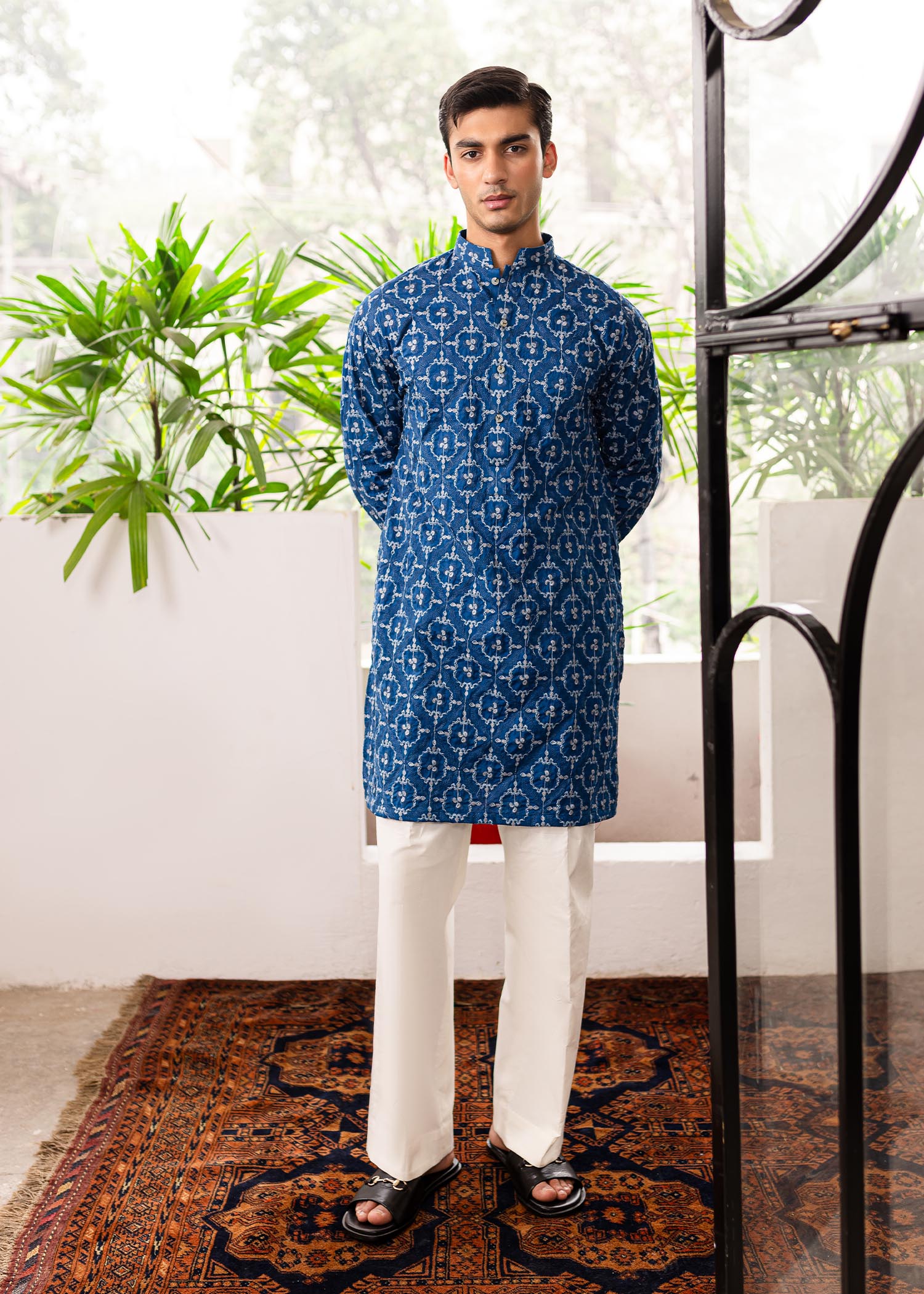Navy Blue Turkish Embroidered Cotton Kurta (2-Piece) - Image 2