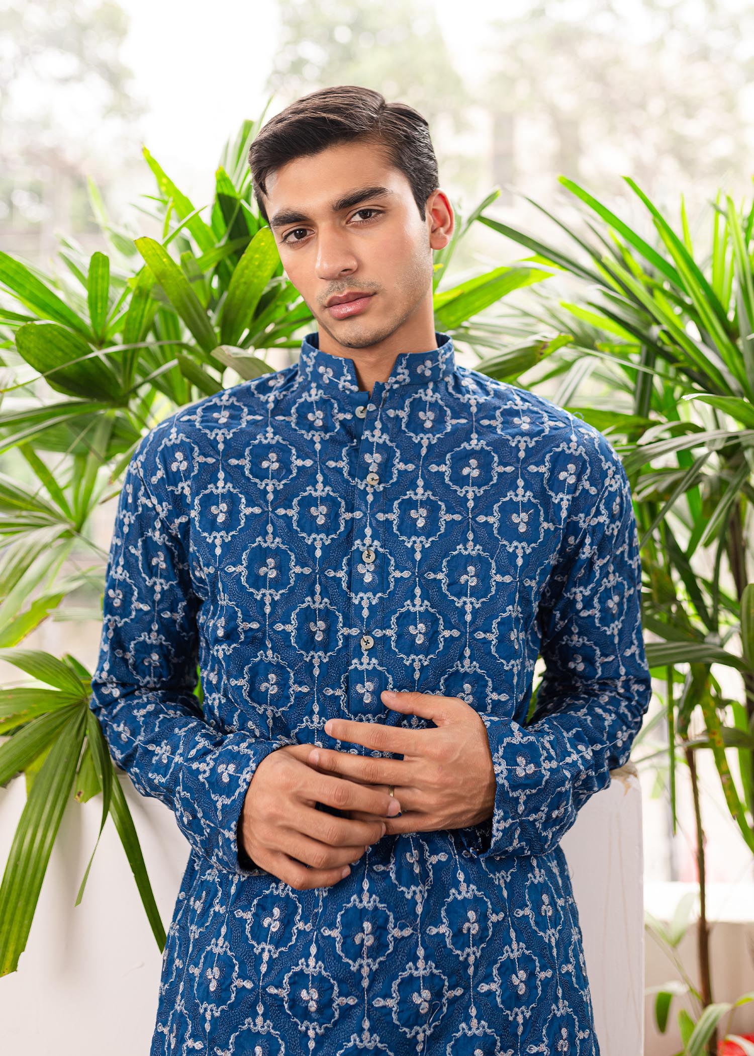 Navy Blue Turkish Embroidered Cotton Kurta (2-Piece) - Image 3