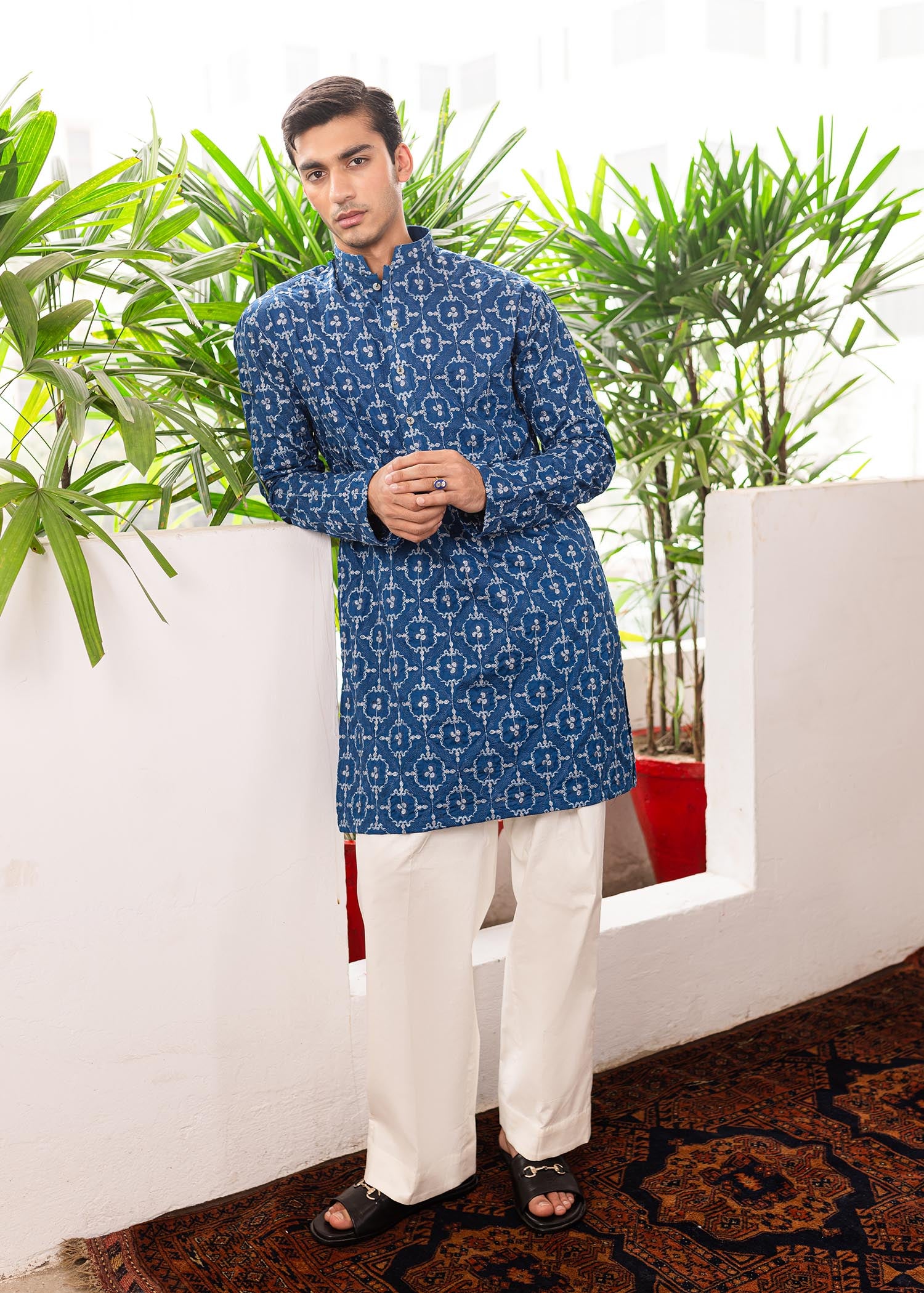Navy Blue Turkish Embroidered Cotton Kurta (2-Piece) - Image 4
