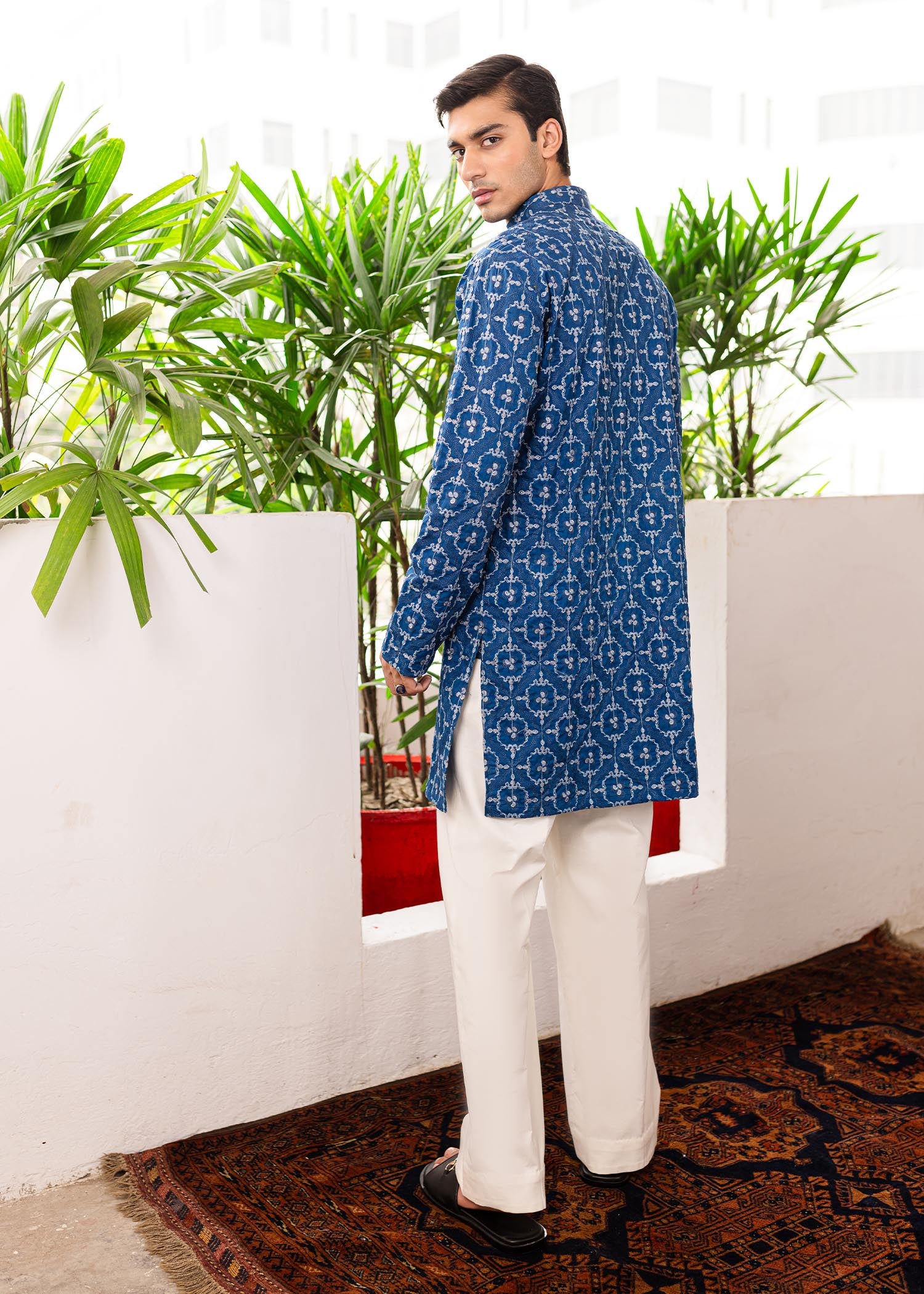 Navy Blue Turkish Embroidered Cotton Kurta (2-Piece) - Image 5