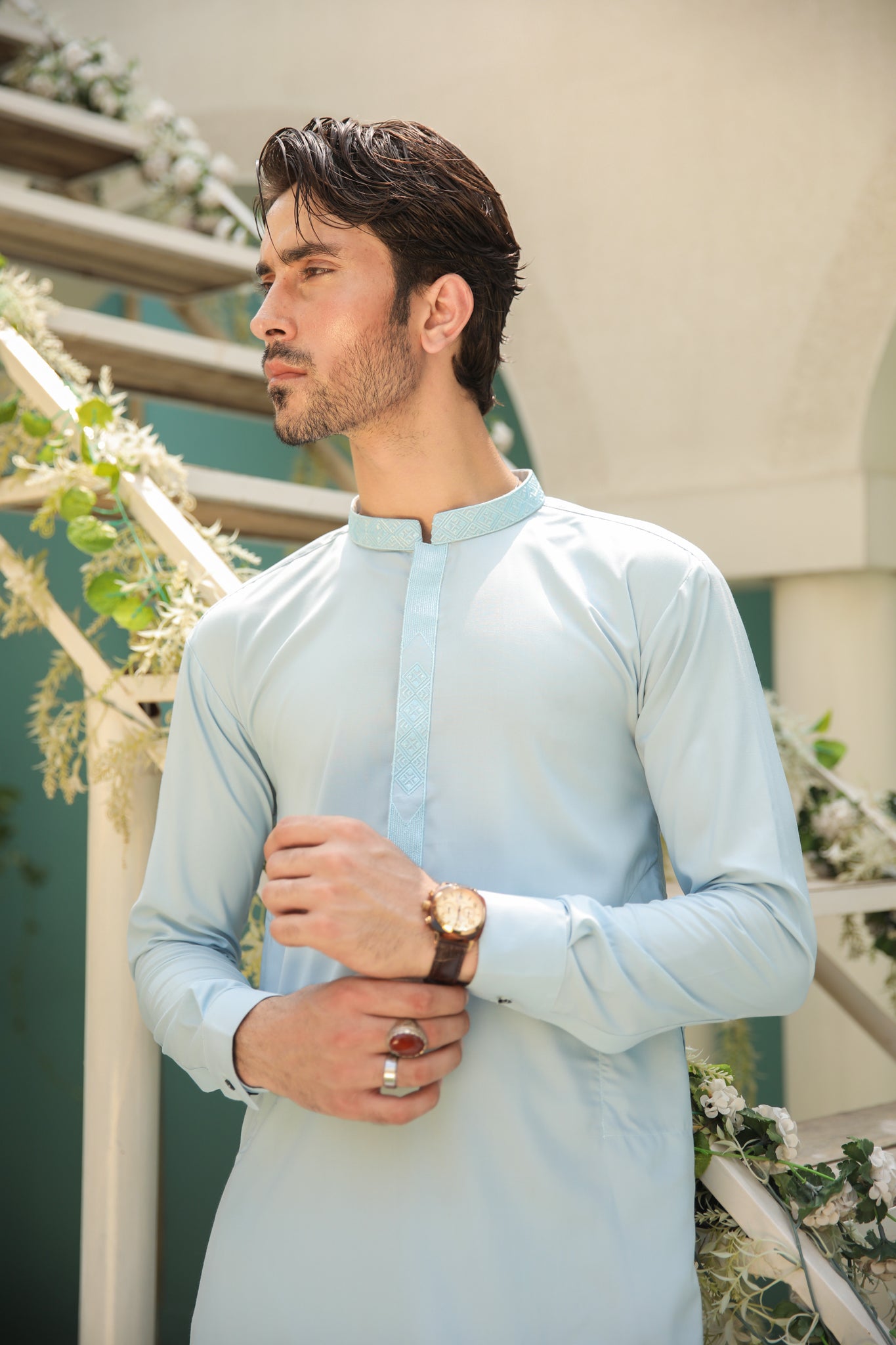 Sky Blue Embroidered Blended Kurta Pajama (2-Piece) - Image 1