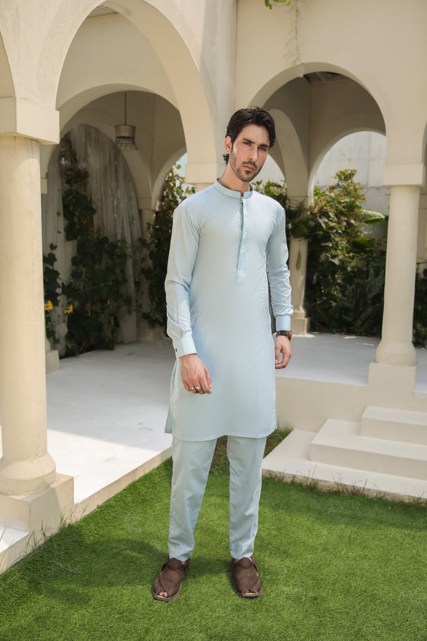Sky Blue Embroidered Blended Kurta Pajama (2-Piece) - Image 2