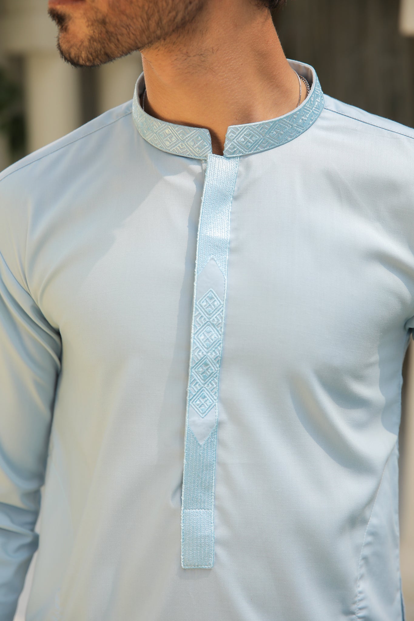 Sky Blue Embroidered Blended Kurta Pajama (2-Piece) - Image 3
