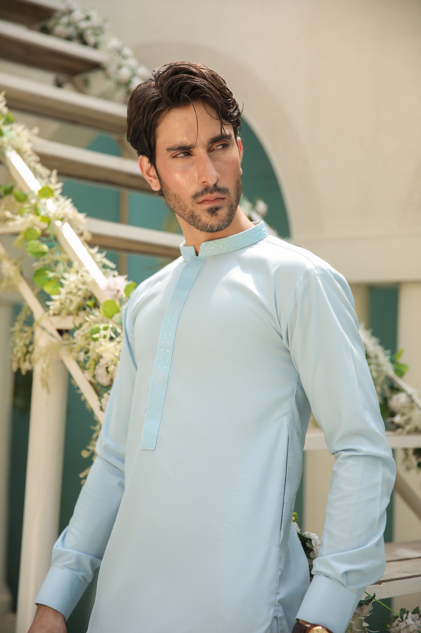Sky Blue Embroidered Blended Kurta Pajama (2-Piece) - Image 4