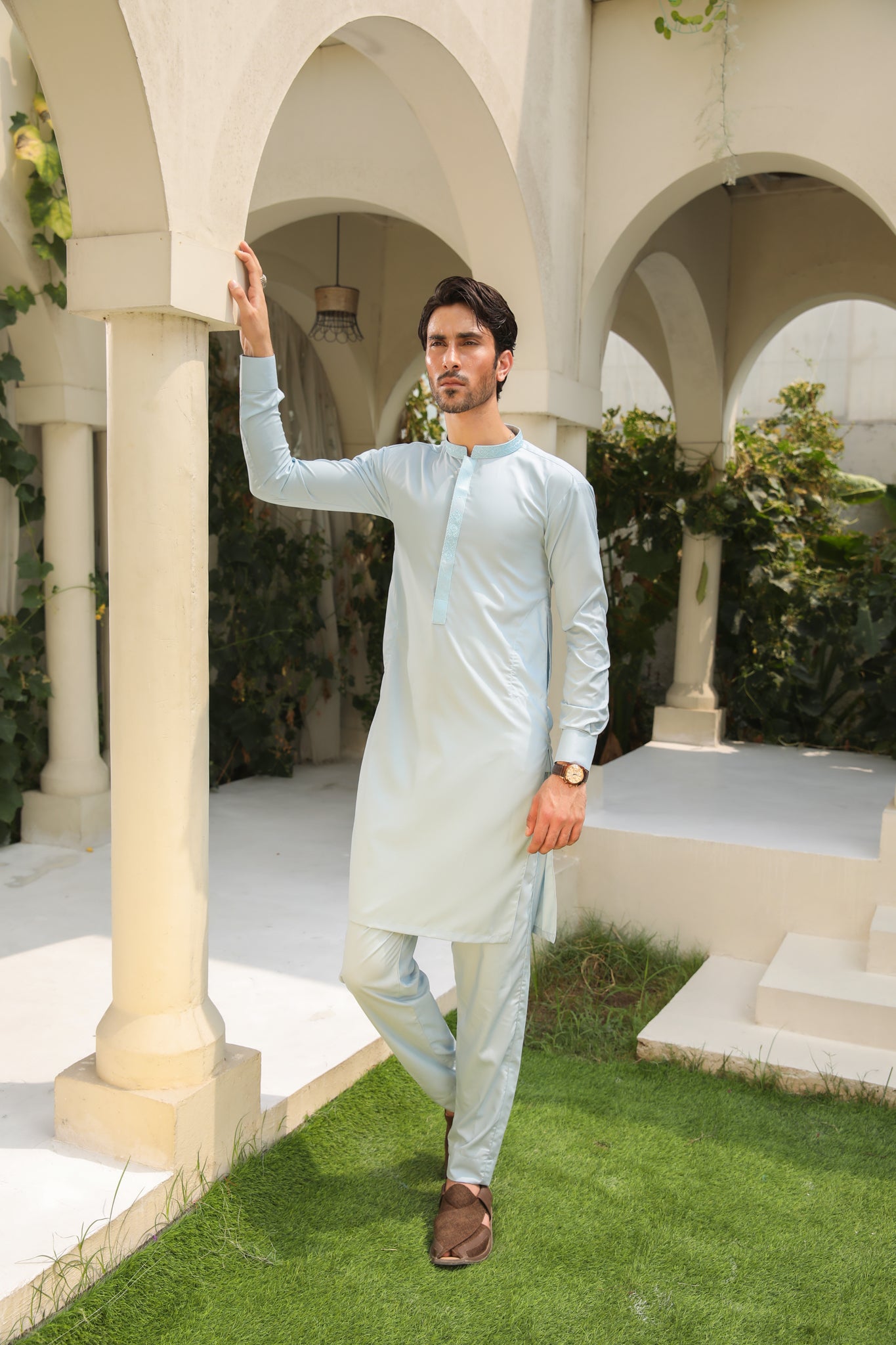 Sky Blue Embroidered Blended Kurta Pajama (2-Piece) - Image 5