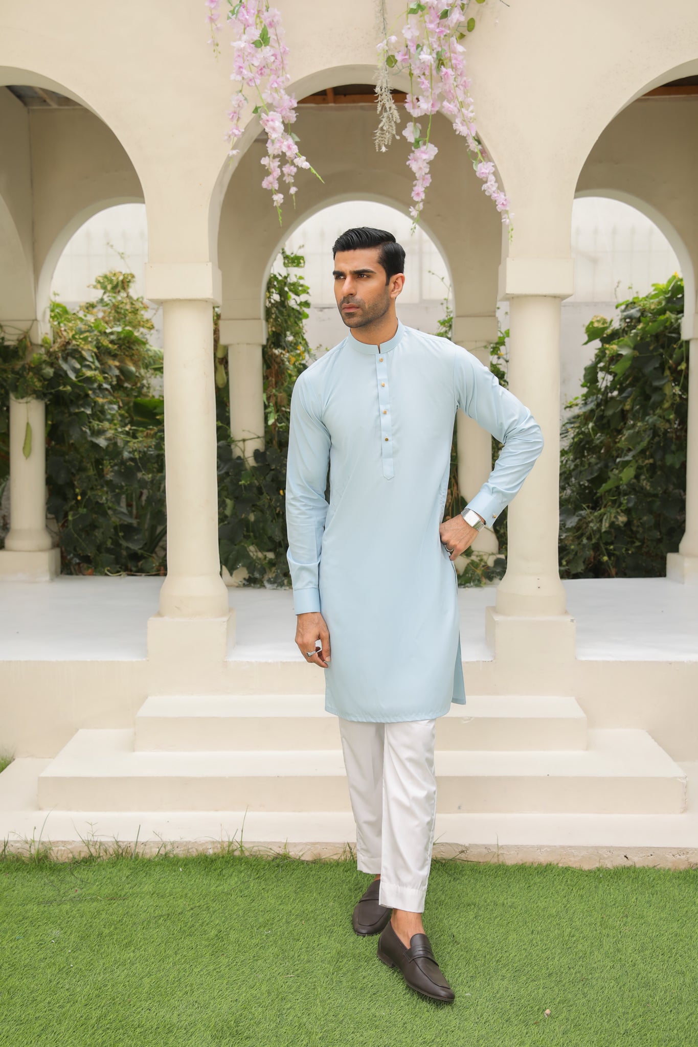 Sky Blue Blended Kurta Pajama Set (2-Piece) - Image 2