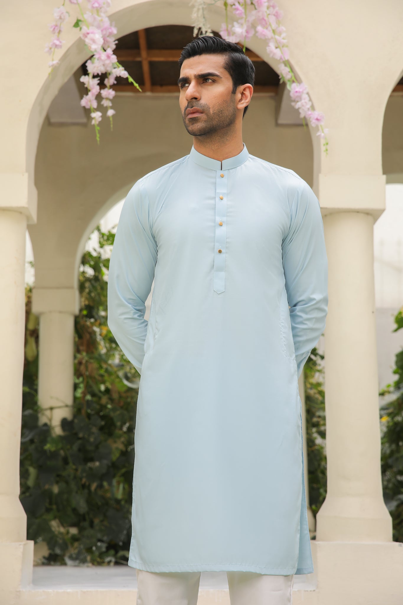 Sky Blue Blended Kurta Pajama Set (2-Piece) - Image 3
