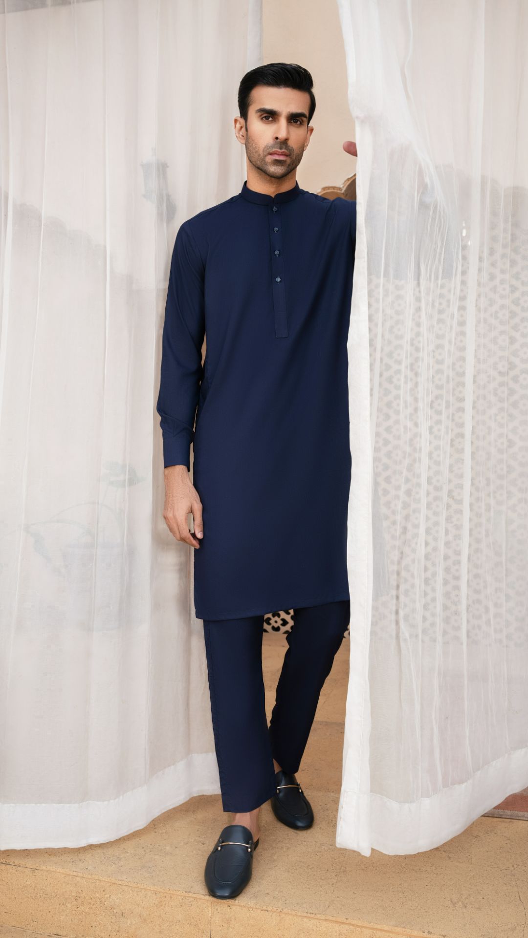 Navy Blue Blended Fabric Kurta Trouser (2-Piece) - Image 1
