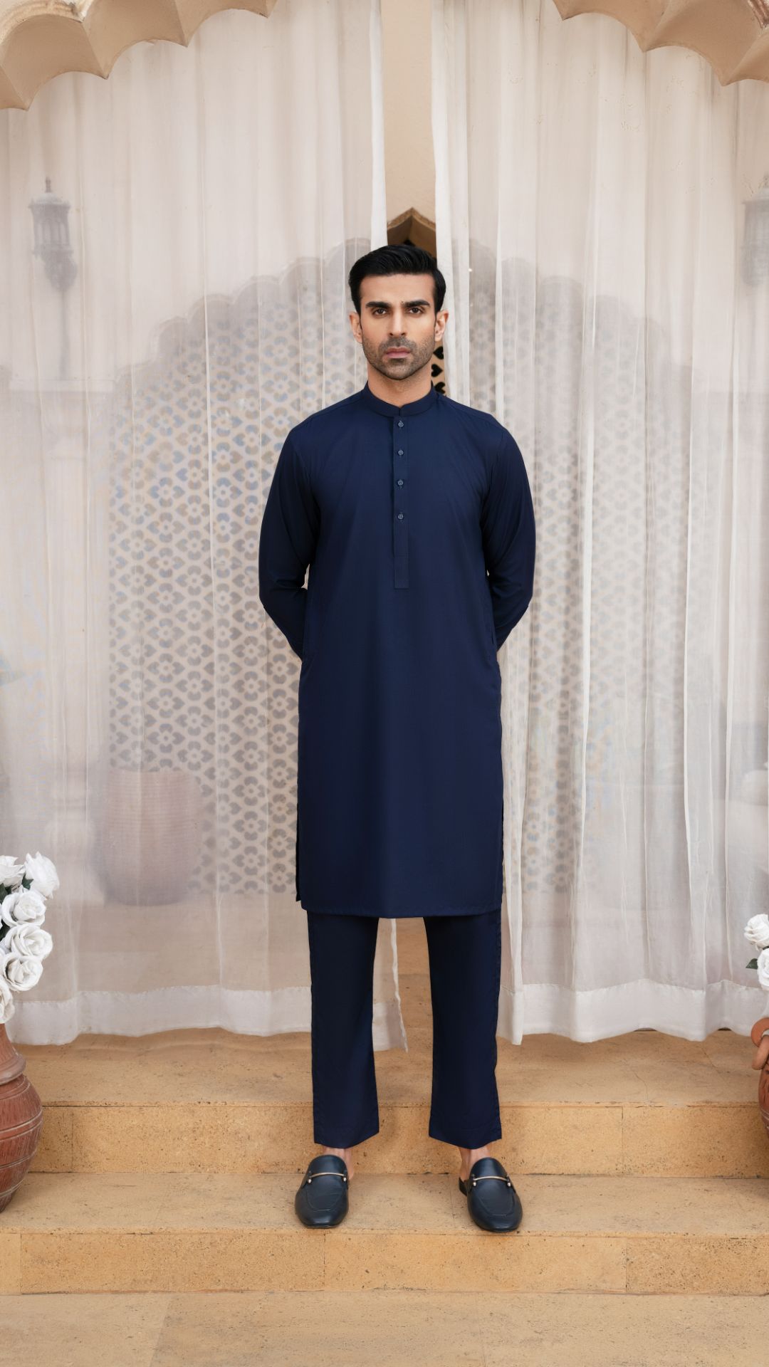 Navy Blue Blended Fabric Kurta Trouser (2-Piece) - Image 3