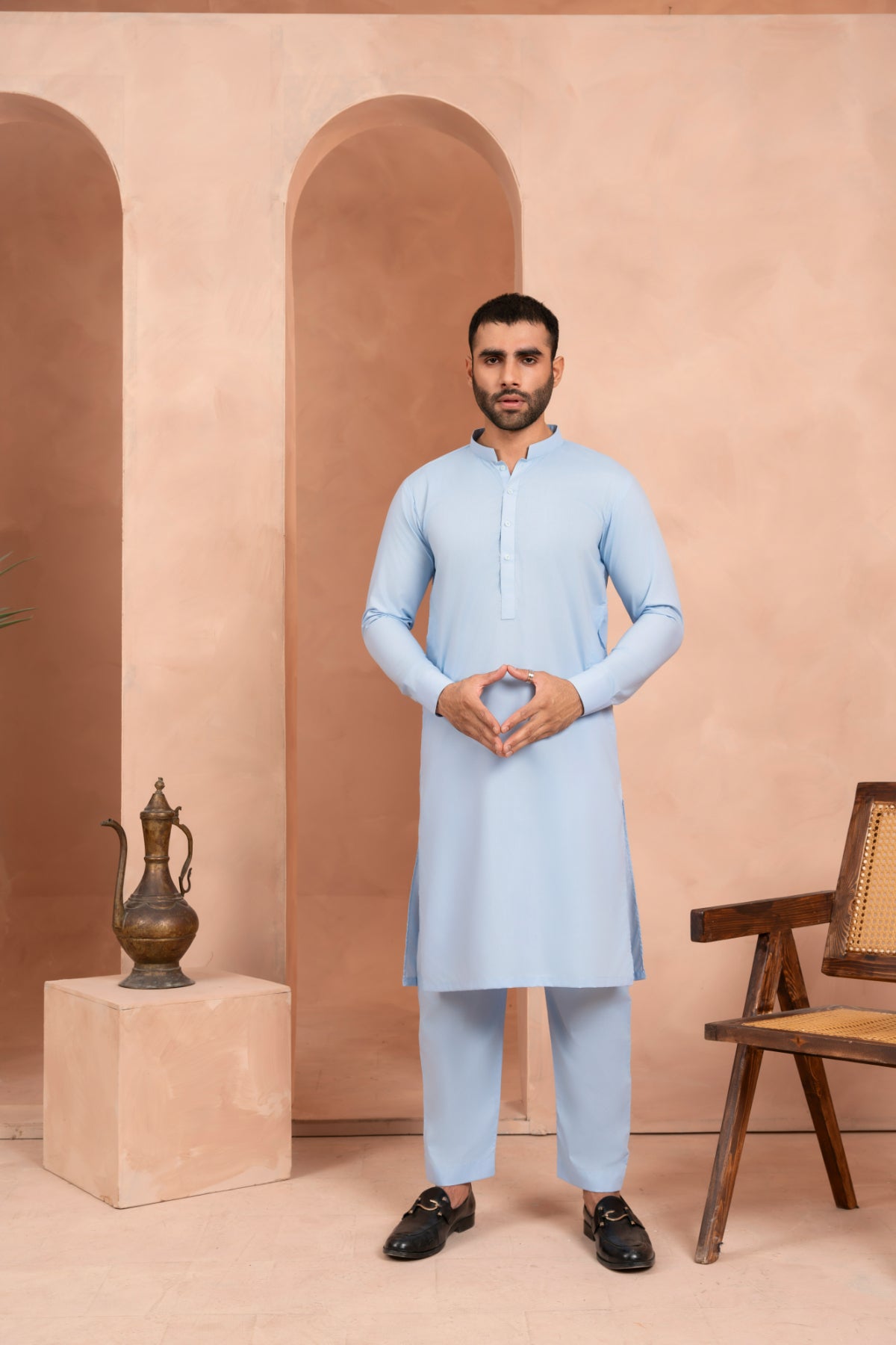 Light Blue Blended Fabric Kurta Trouser Set (2-Piece) - Image 1