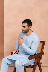 Light Blue Blended Fabric Kurta Trouser Set (2-Piece) - Image 2