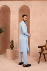 Light Blue Blended Fabric Kurta Trouser Set (2-Piece) - Image 5