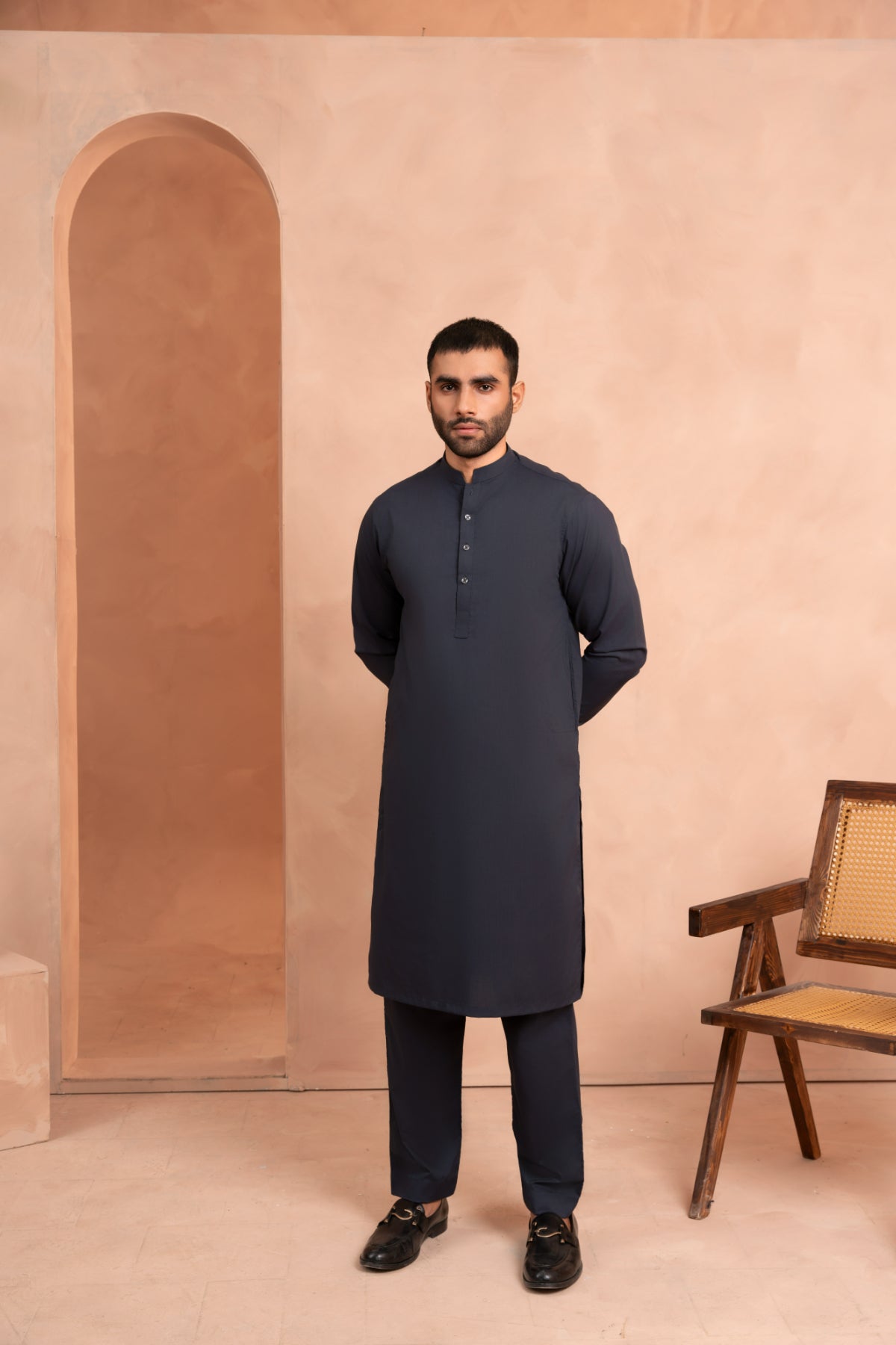Dark Blue Blended Fabric Kurta Trouser Set (2-Piece) - Image 1