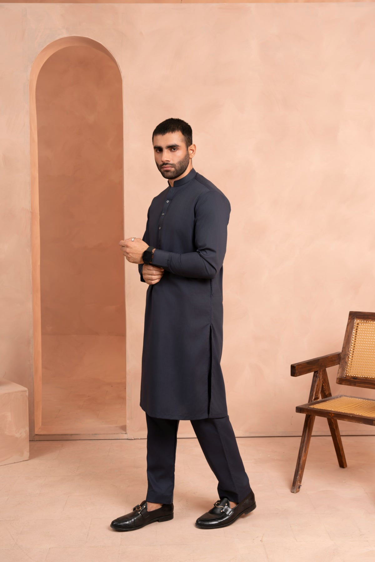 Dark Blue Blended Fabric Kurta Trouser Set (2-Piece) - Image 2
