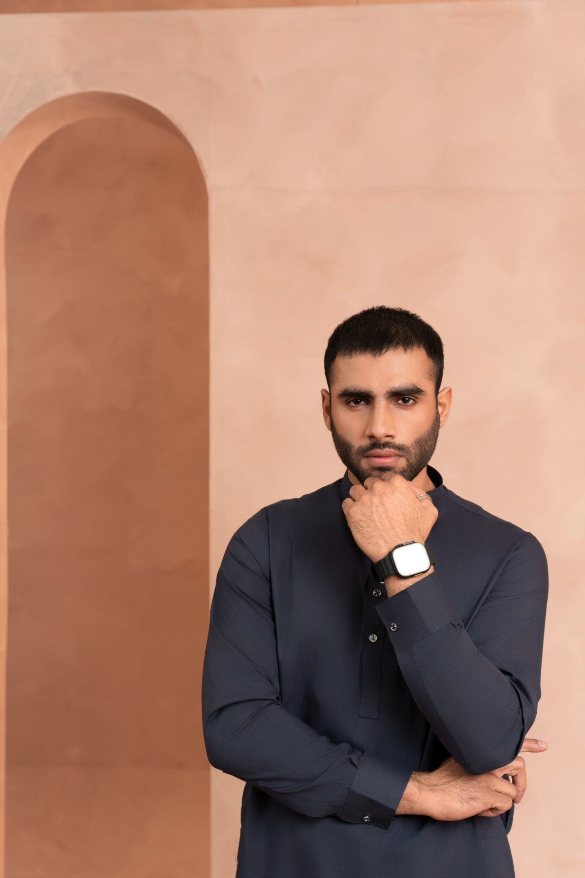 Dark Blue Blended Fabric Kurta Trouser Set (2-Piece) - Image 3