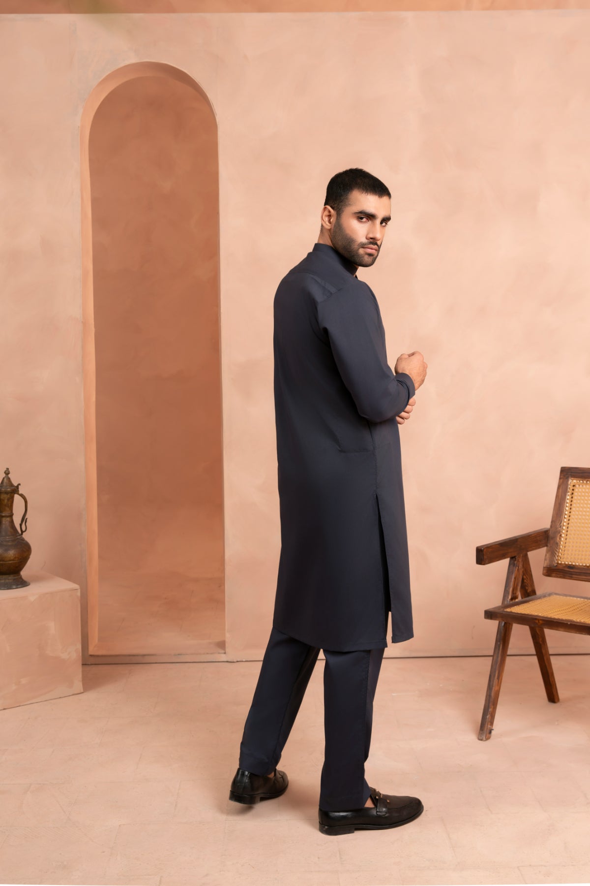 Dark Blue Blended Fabric Kurta Trouser Set (2-Piece) - Image 5