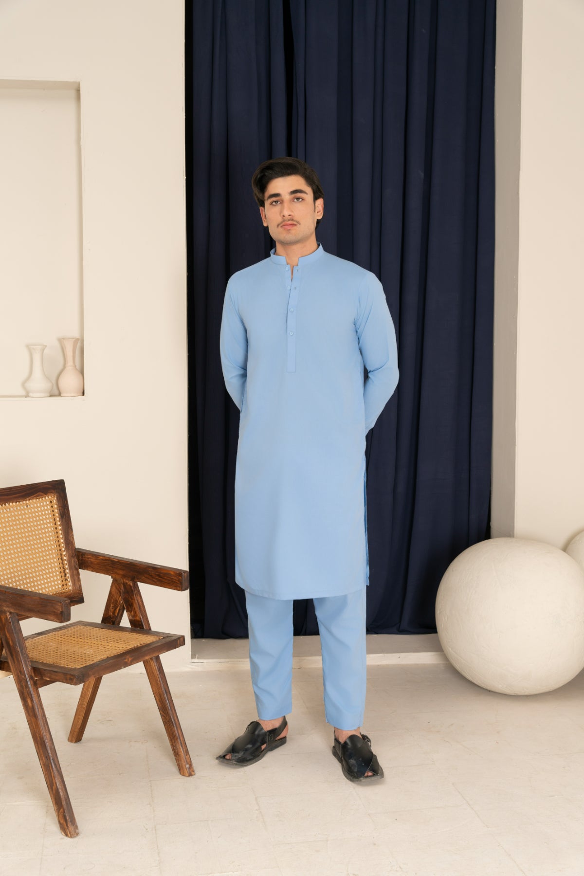 Sky Blue Premium Blended Kurta Pajama (2-Piece) - Image 1