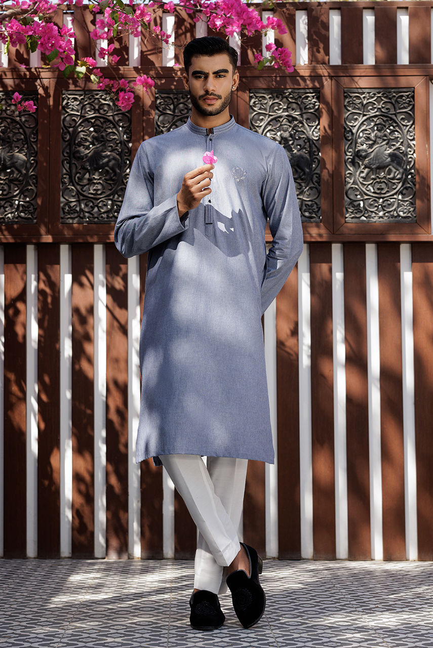 Blue Textured Chambray Kurta Pajama (2-Piece) - Image 1