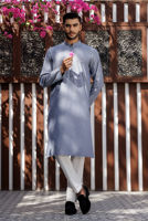 Blue Textured Chambray Kurta Pajama (2-Piece) - Image 2