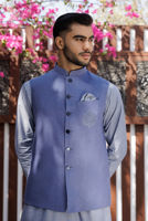 Blue Textured Chambray Kurta Pajama (2-Piece) - Image 3