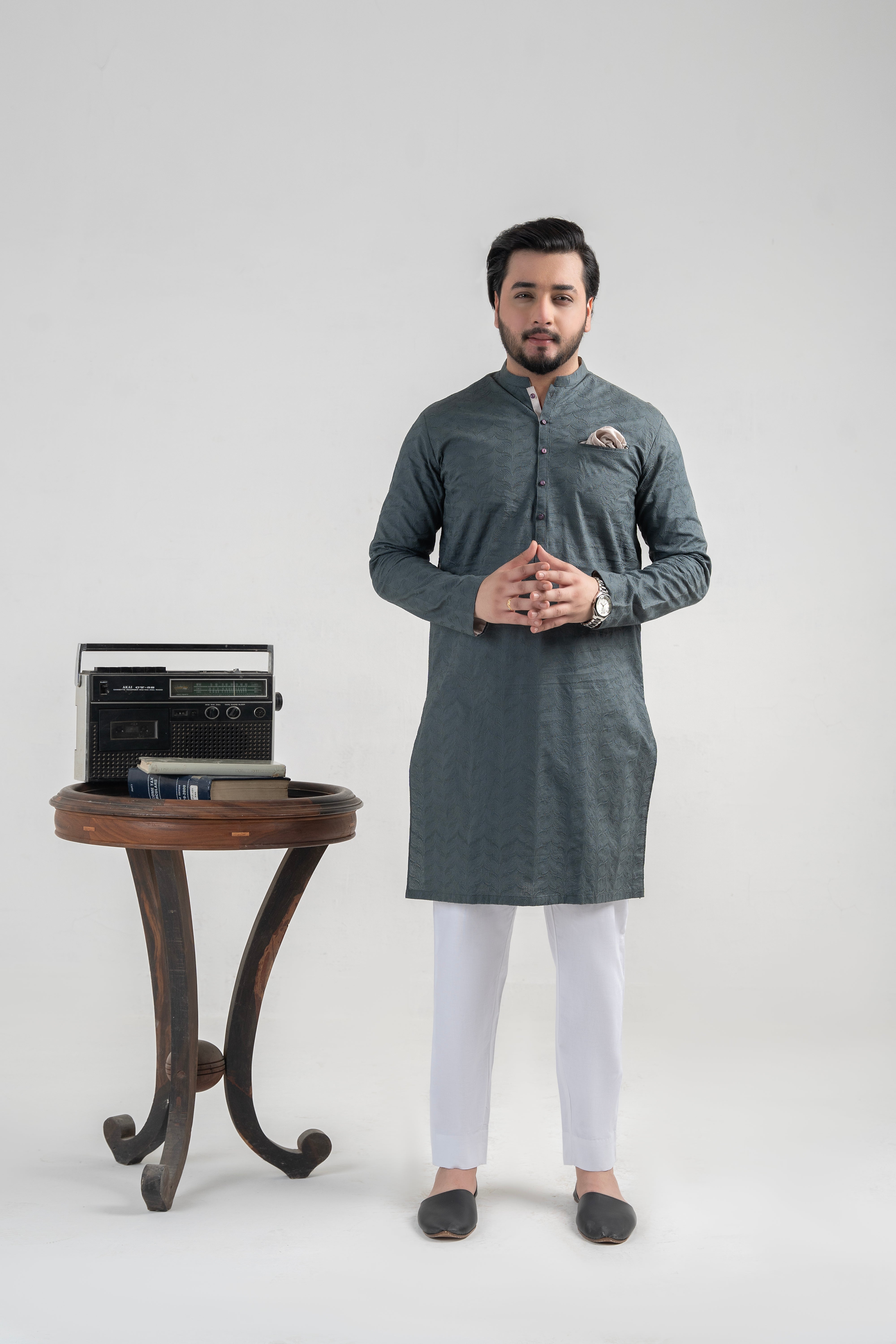 Deep Blue Chicken-Kari Cotton Kurta (2-Piece) - Image 1