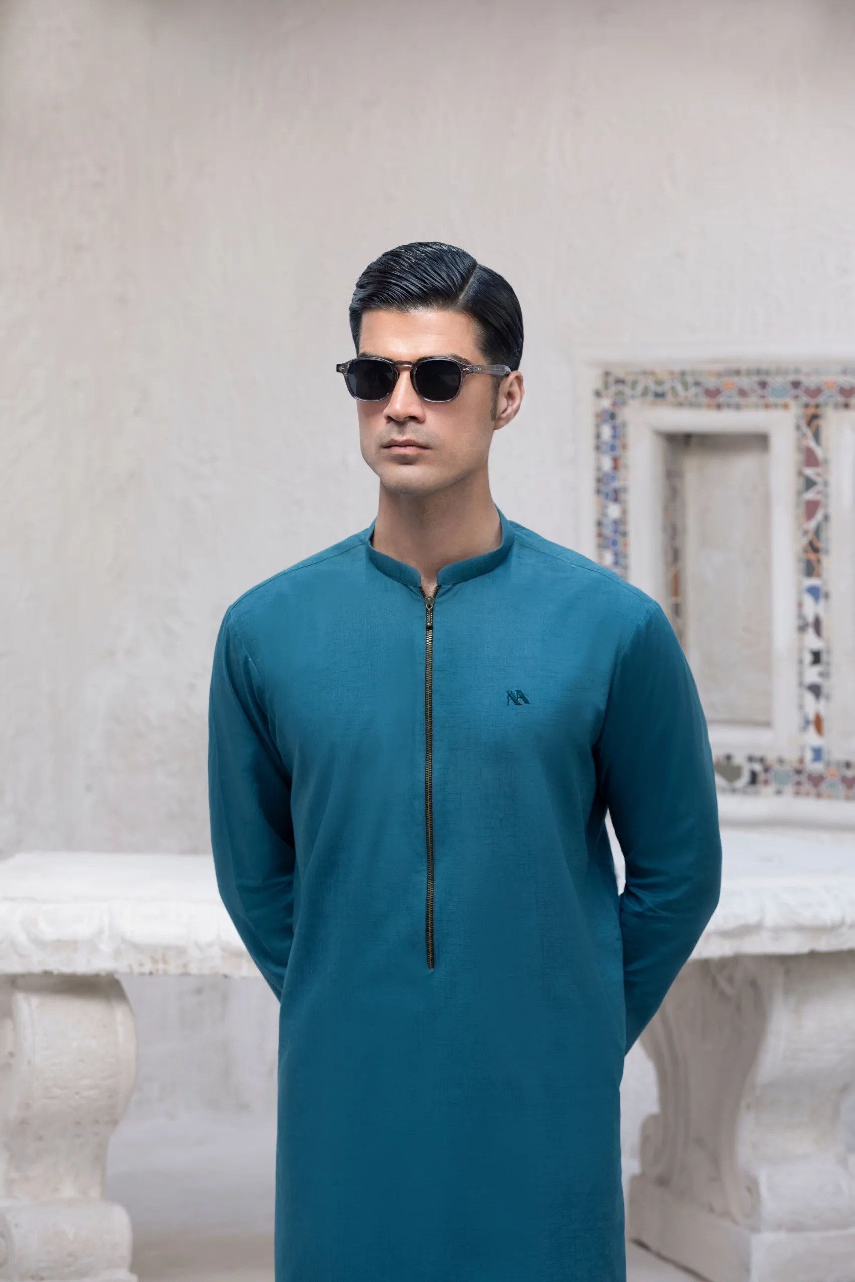 Aegean Blue Embroidered Cotton Blend Kurta (2-Piece) - Image 1