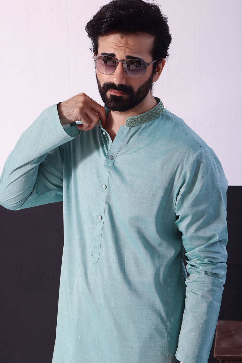 Pastel Aqua Embroidered Cotton-Blend Kurta (2-Piece) - Image 1