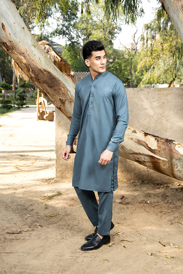 Pacific Blue Cotton Blend Kurta Trouser Set (2-Piece) - Image 1