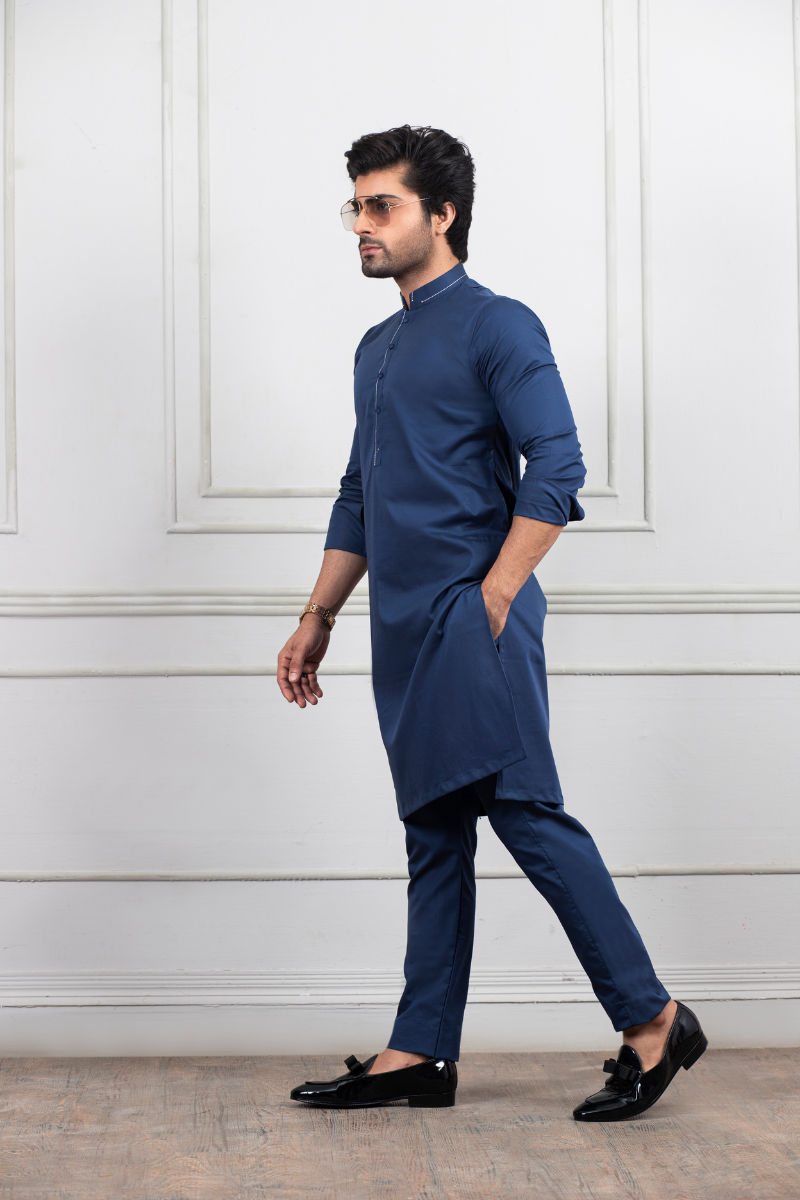 Deep Blue Contrast Stitch Cotton Kurta Pajama (2-Piece) - Image 1