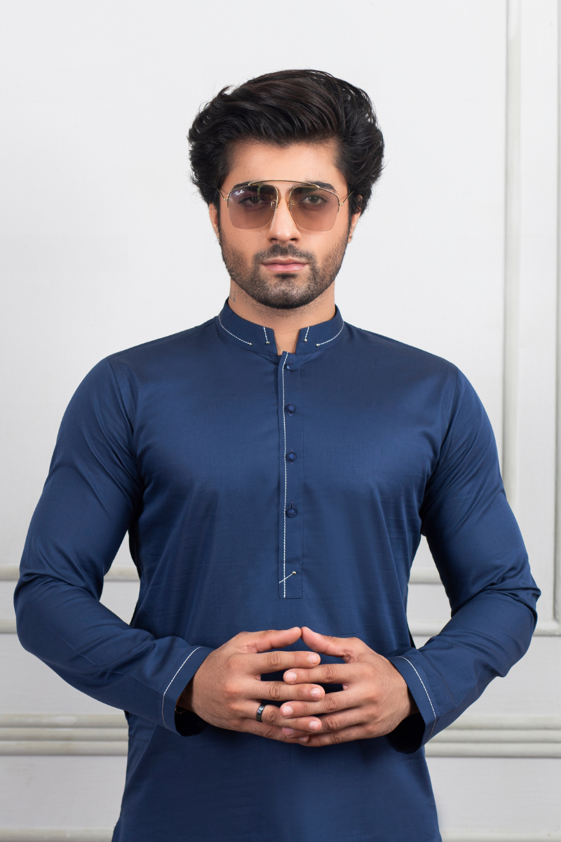 Deep Blue Contrast Stitch Cotton Kurta Pajama (2-Piece) - Image 2