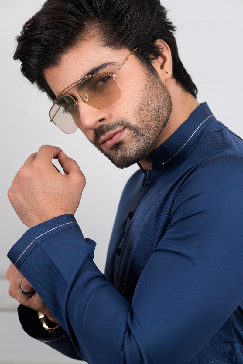 Deep Blue Contrast Stitch Cotton Kurta Pajama (2-Piece) - Image 3