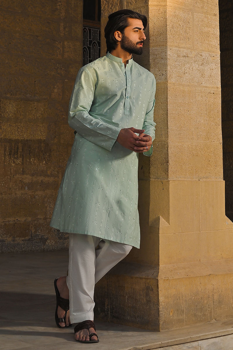 Ice Blue Chikan Kari Cotton Kurta Pajama (2-Piece) - Image 1