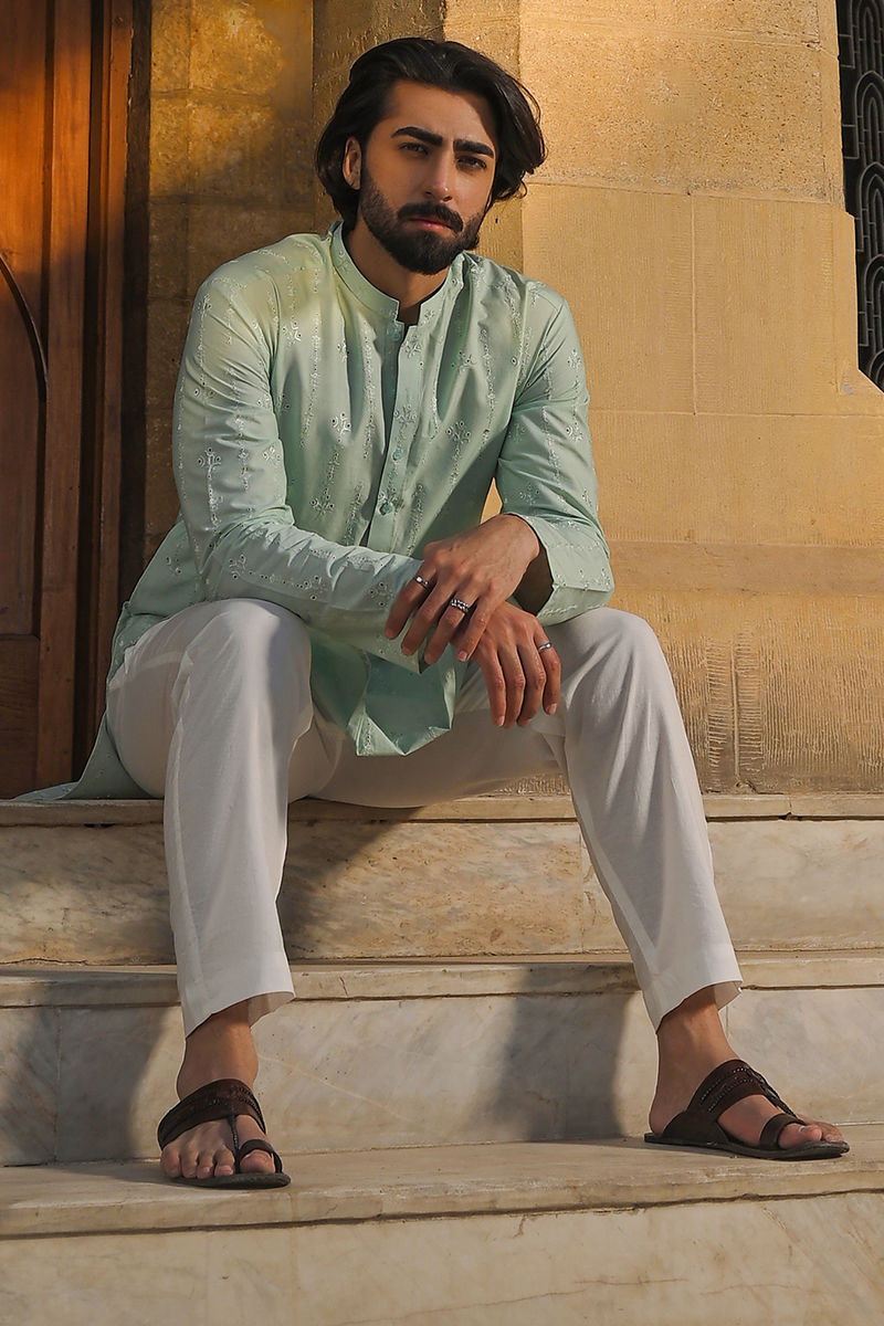 Ice Blue Chikan Kari Cotton Kurta Pajama (2-Piece) - Image 2