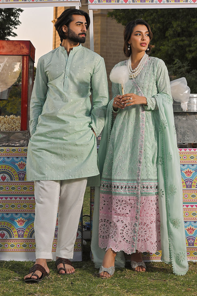 Ice Blue Chikan Kari Cotton Kurta Pajama (2-Piece) - Image 3