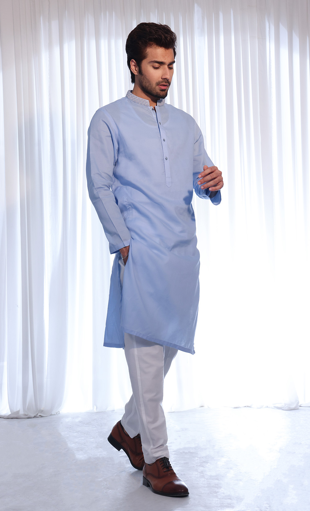 Baby Blue Embroidered Cotton Kurta (2-Piece) - Image 1