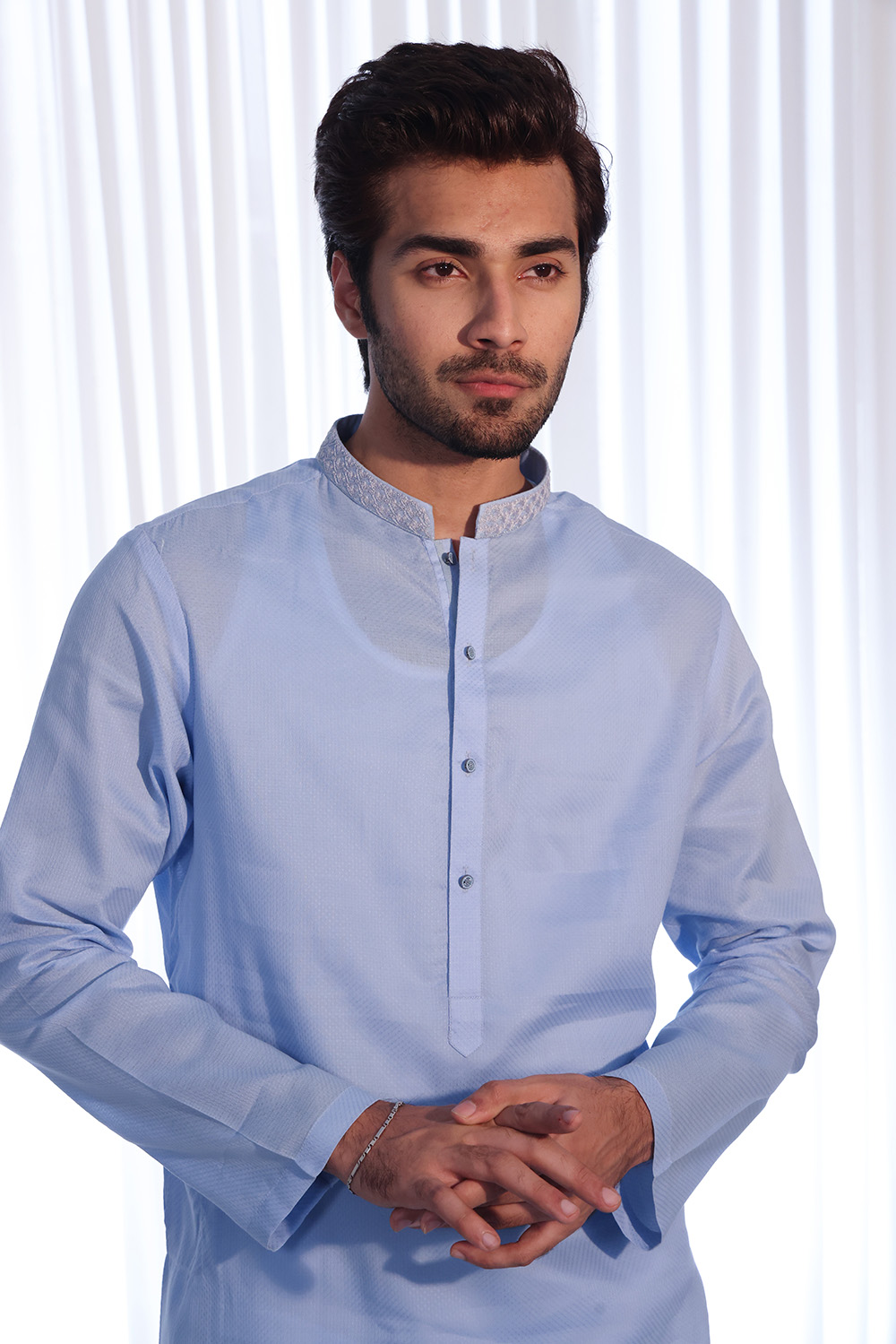 Baby Blue Embroidered Cotton Kurta (2-Piece) - Image 2