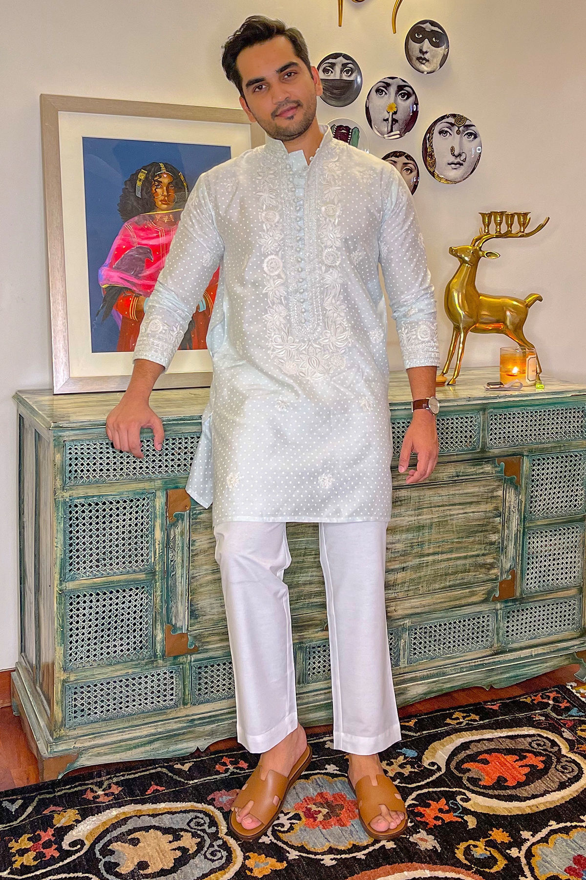 Ice Blue Hand Block Printed Cotton Kurta Pajama (2-Piece) - Image 1