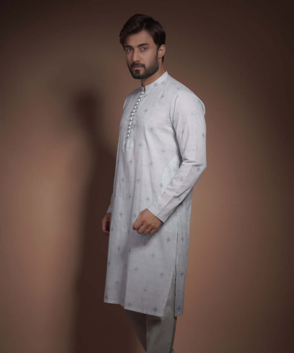 Ice Blue Jacquard Cotton Kurta Pajama (2-Piece) - Image 2
