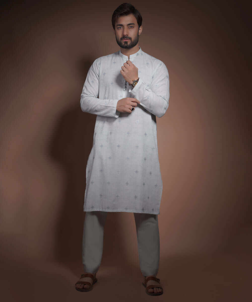 Ice Blue Jacquard Cotton Kurta Pajama (2-Piece) - Image 3