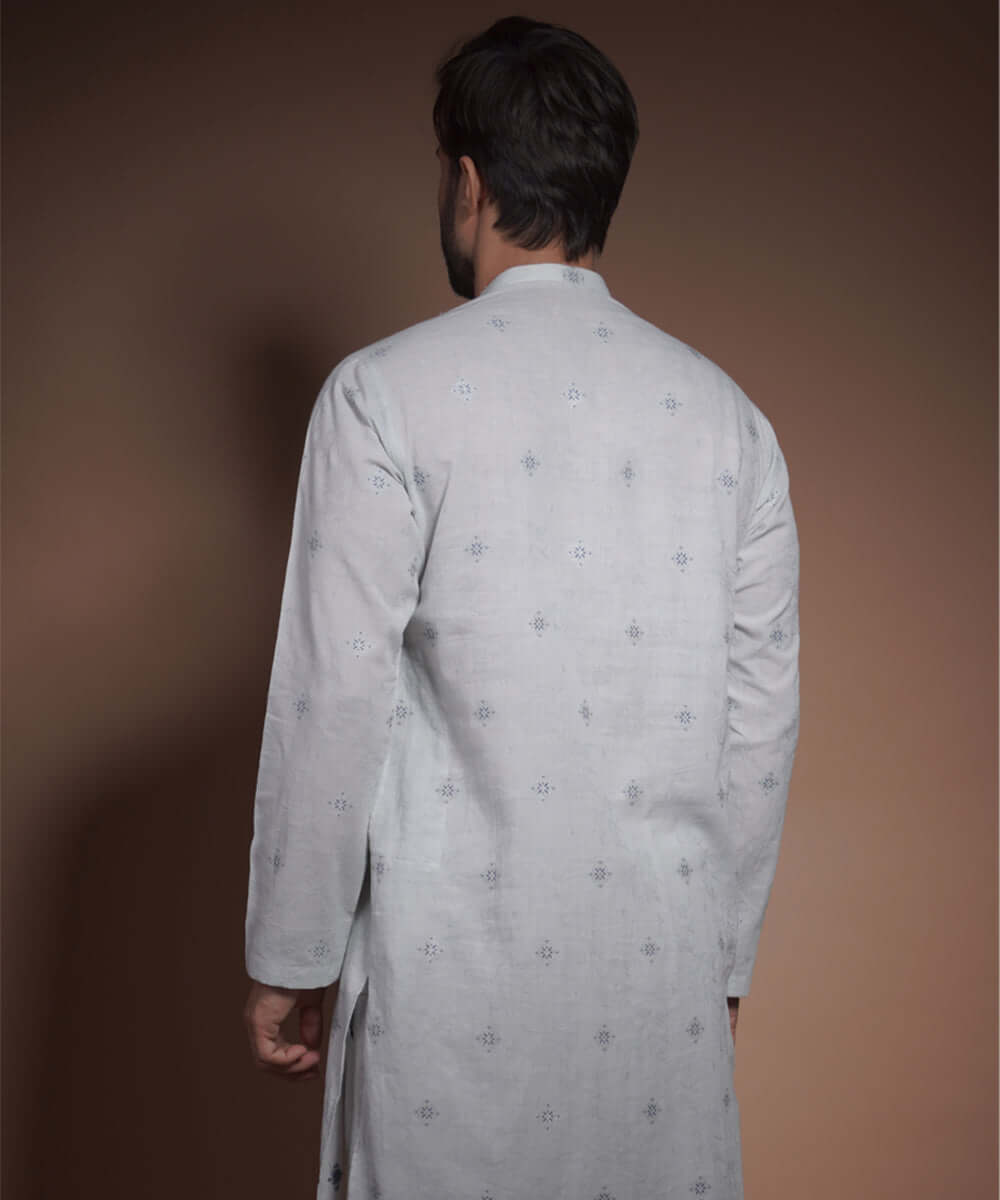 Ice Blue Jacquard Cotton Kurta Pajama (2-Piece) - Image 4