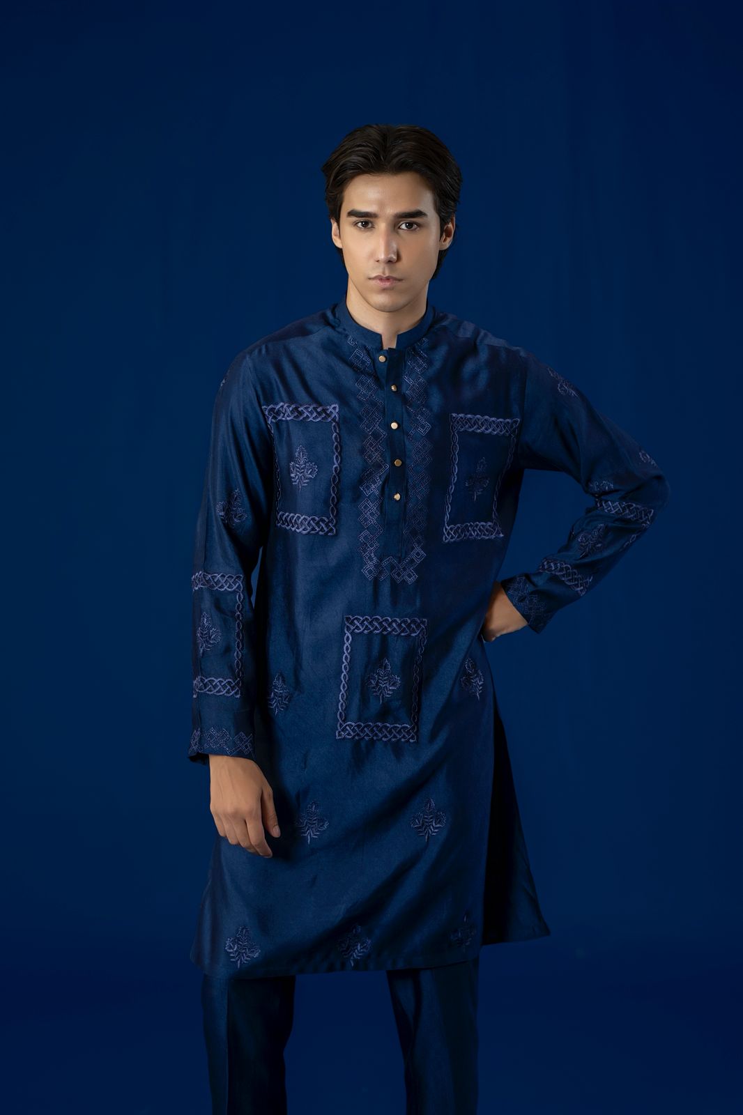 Deep Blue Hand-Embroidered Cotton Net Kurta Pajama (2-Piece) - Image 1