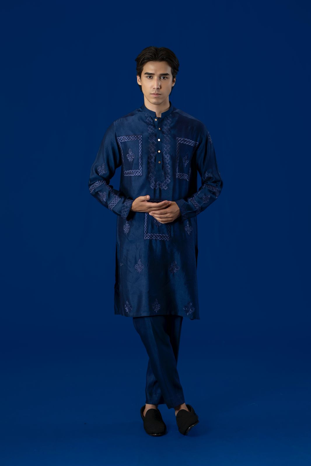 Deep Blue Hand-Embroidered Cotton Net Kurta Pajama (2-Piece) - Image 2
