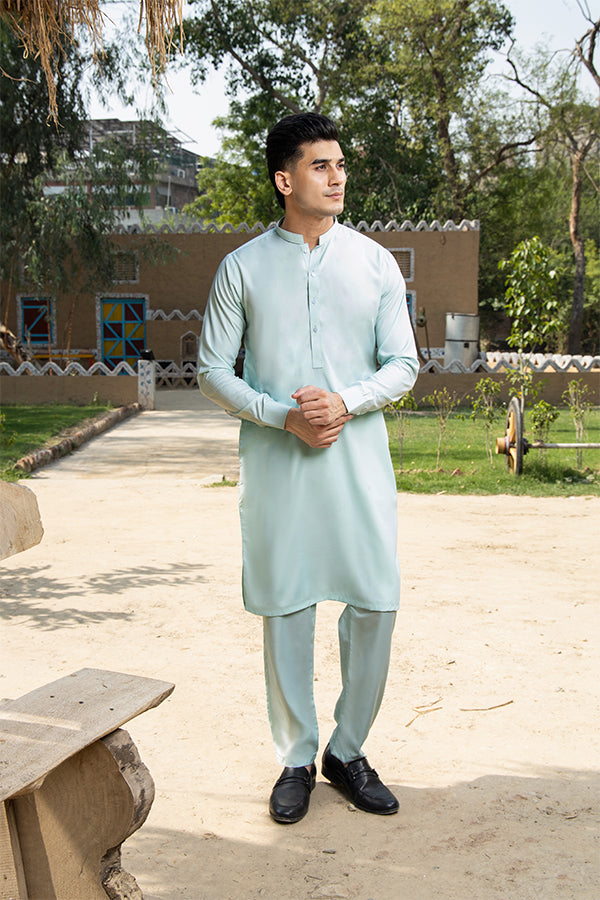 Sky Blue Plain Cotton-Polyester Kurta Pajama (2-Piece) - Image 1