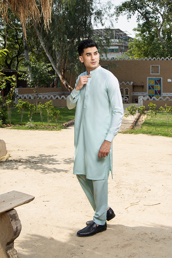 Sky Blue Plain Cotton-Polyester Kurta Pajama (2-Piece) - Image 2