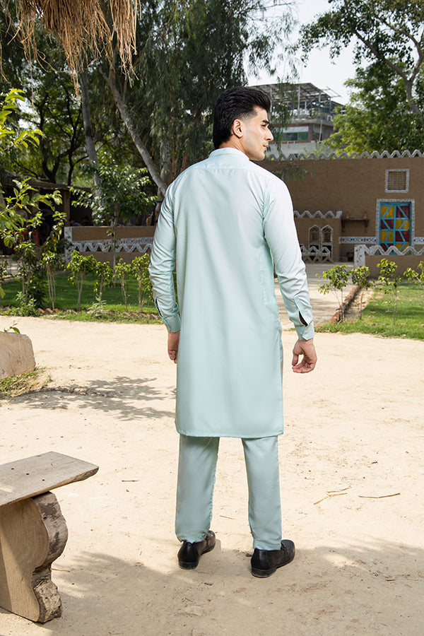 Sky Blue Plain Cotton-Polyester Kurta Pajama (2-Piece) - Image 4
