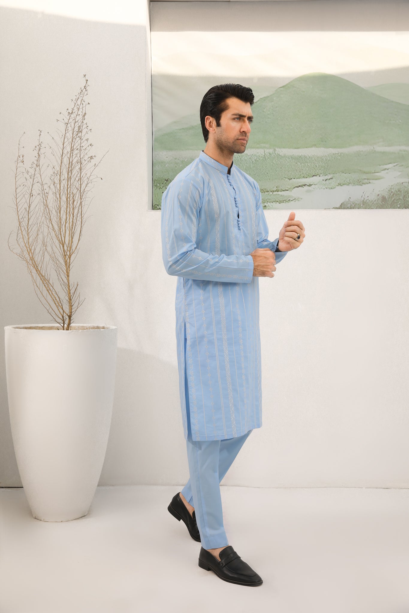 Sky Blue Schiffli Embroidered Cotton Kurta Pajama (2-Piece) - Image 2
