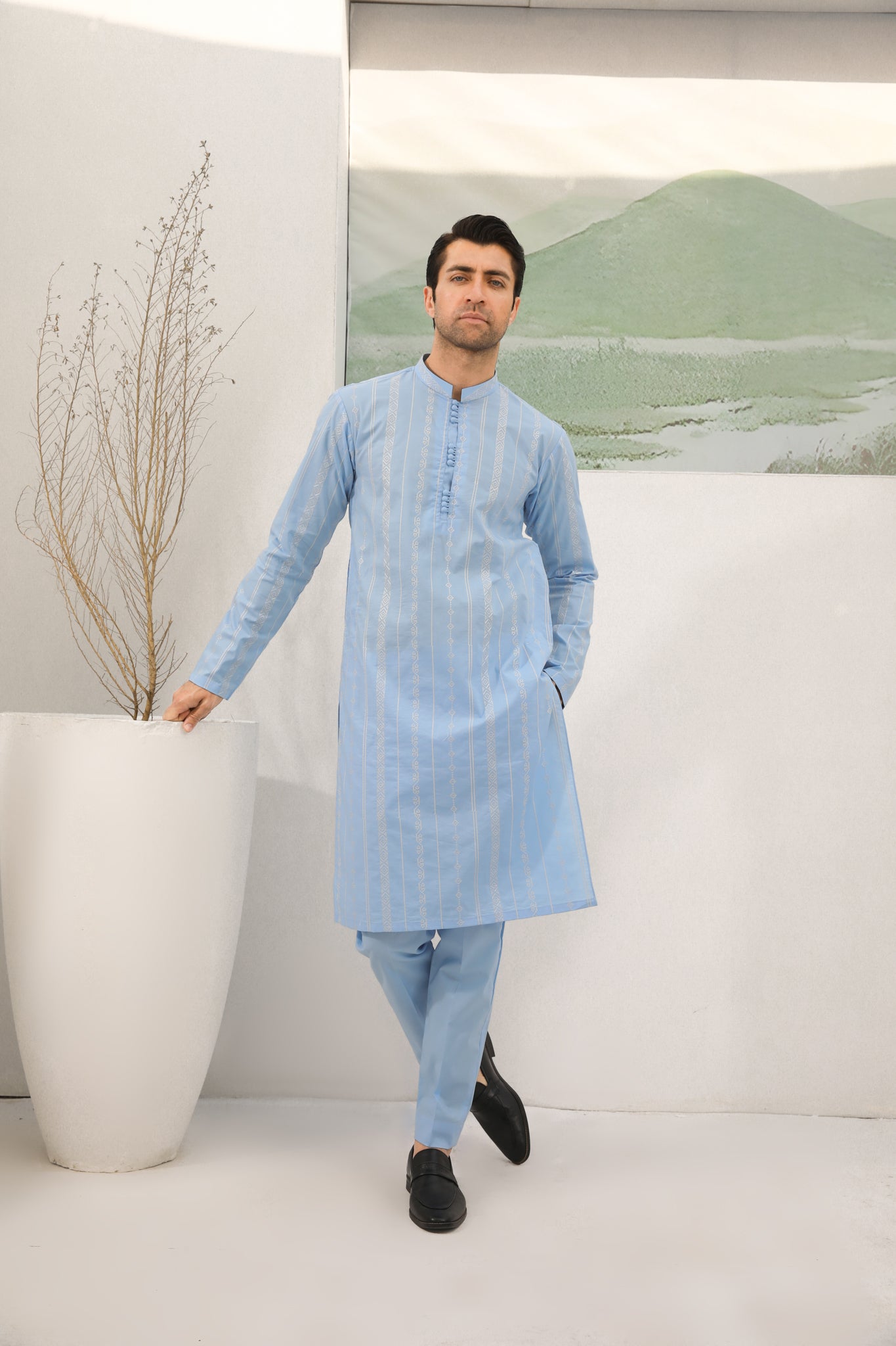 Sky Blue Schiffli Embroidered Cotton Kurta Pajama (2-Piece) - Image 3