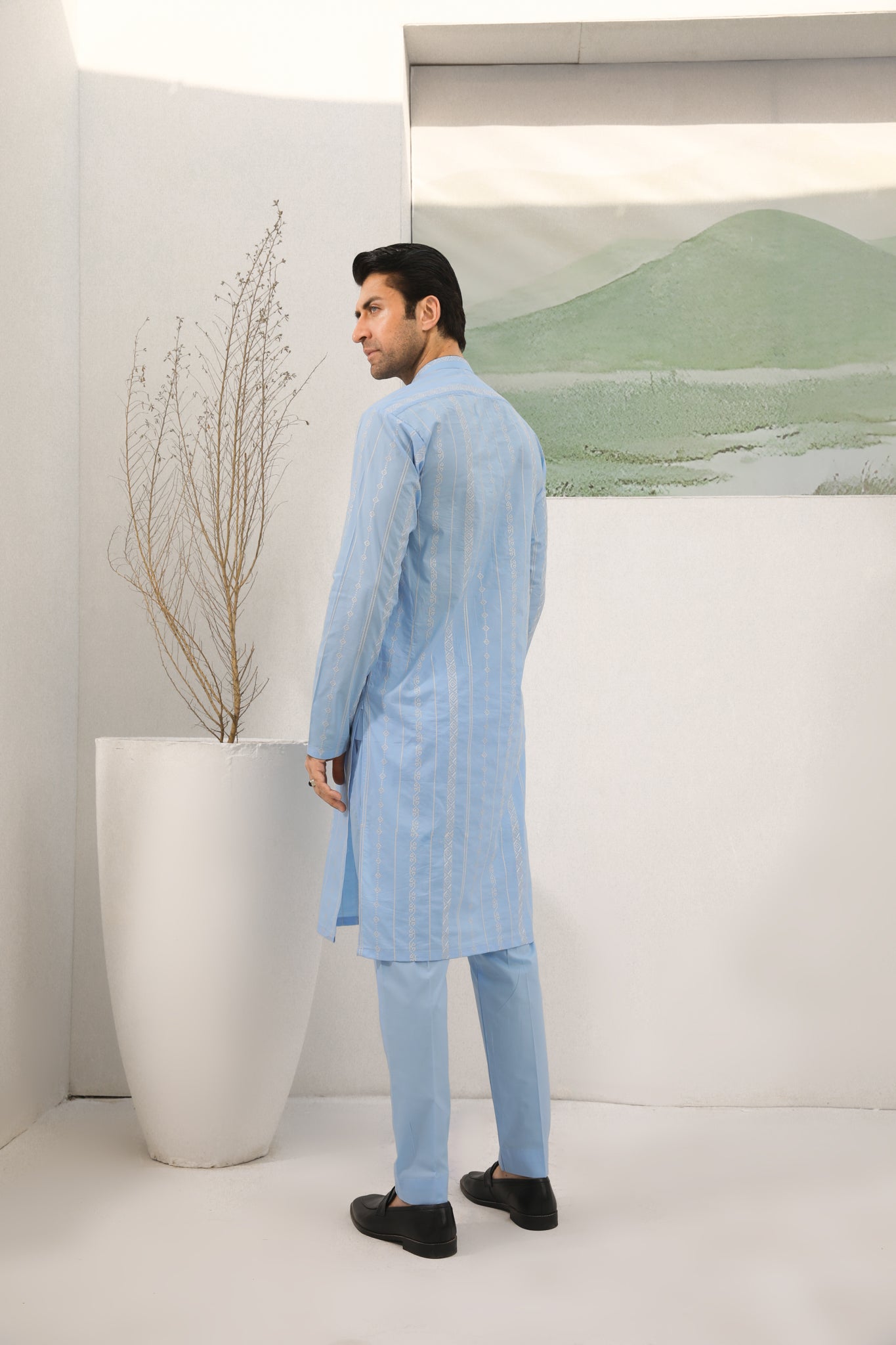 Sky Blue Schiffli Embroidered Cotton Kurta Pajama (2-Piece) - Image 4