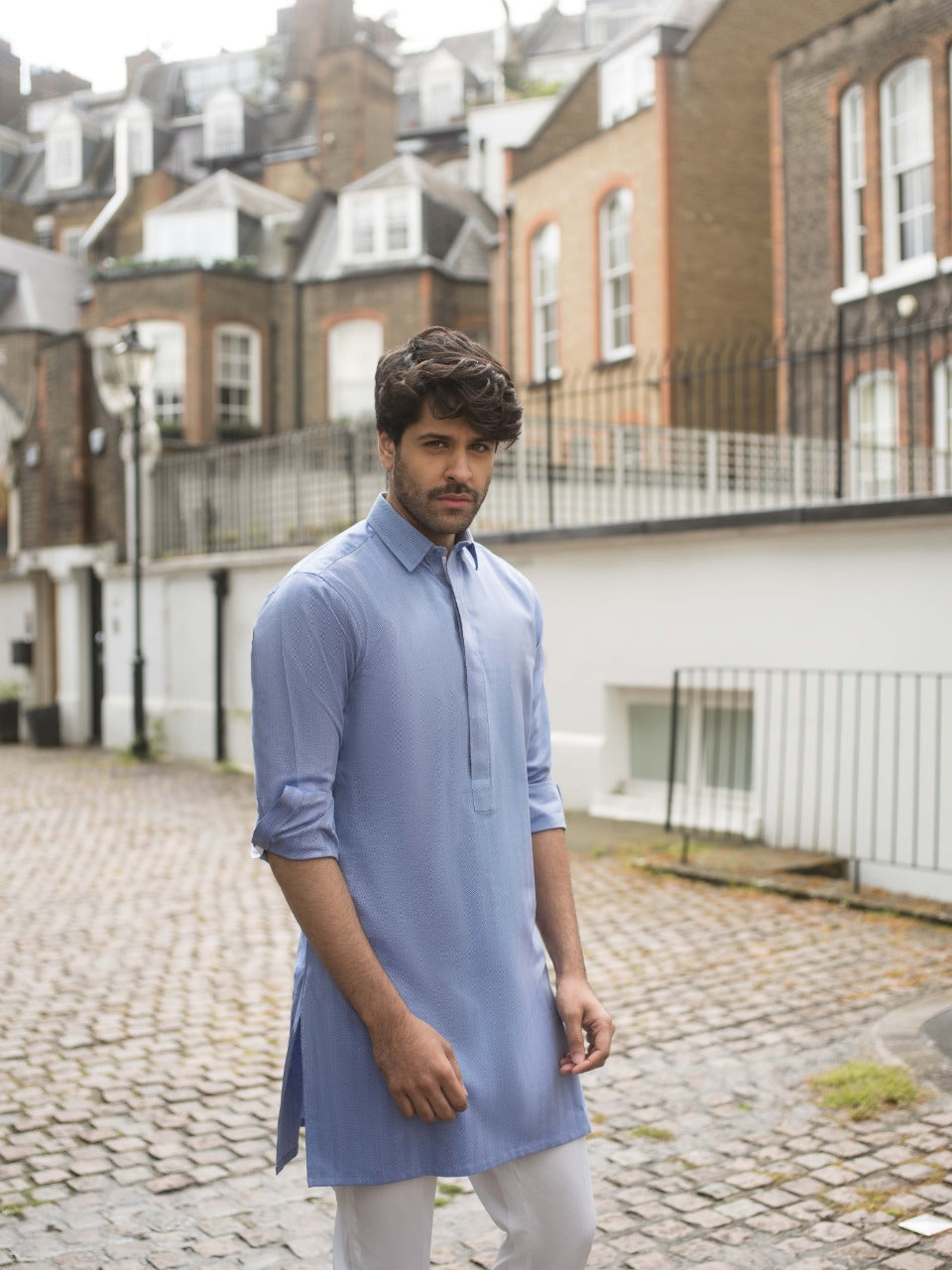 Sky Blue Cotton Kurta Pajama (2-Piece) - Image 3
